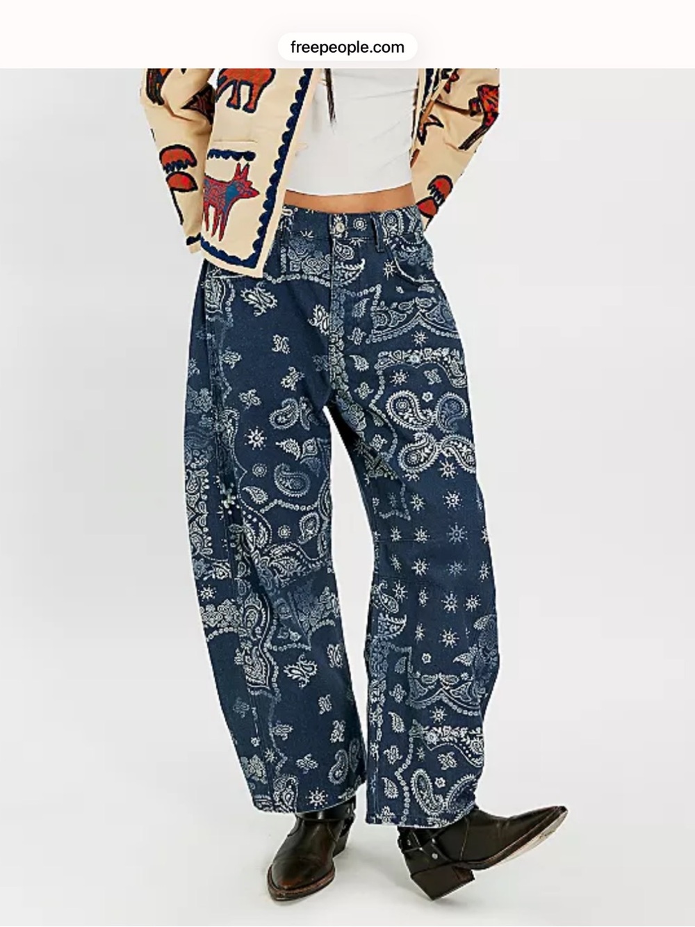 NWT Free People We The Free Good Luck Printed Barrel Jeans, Size 27